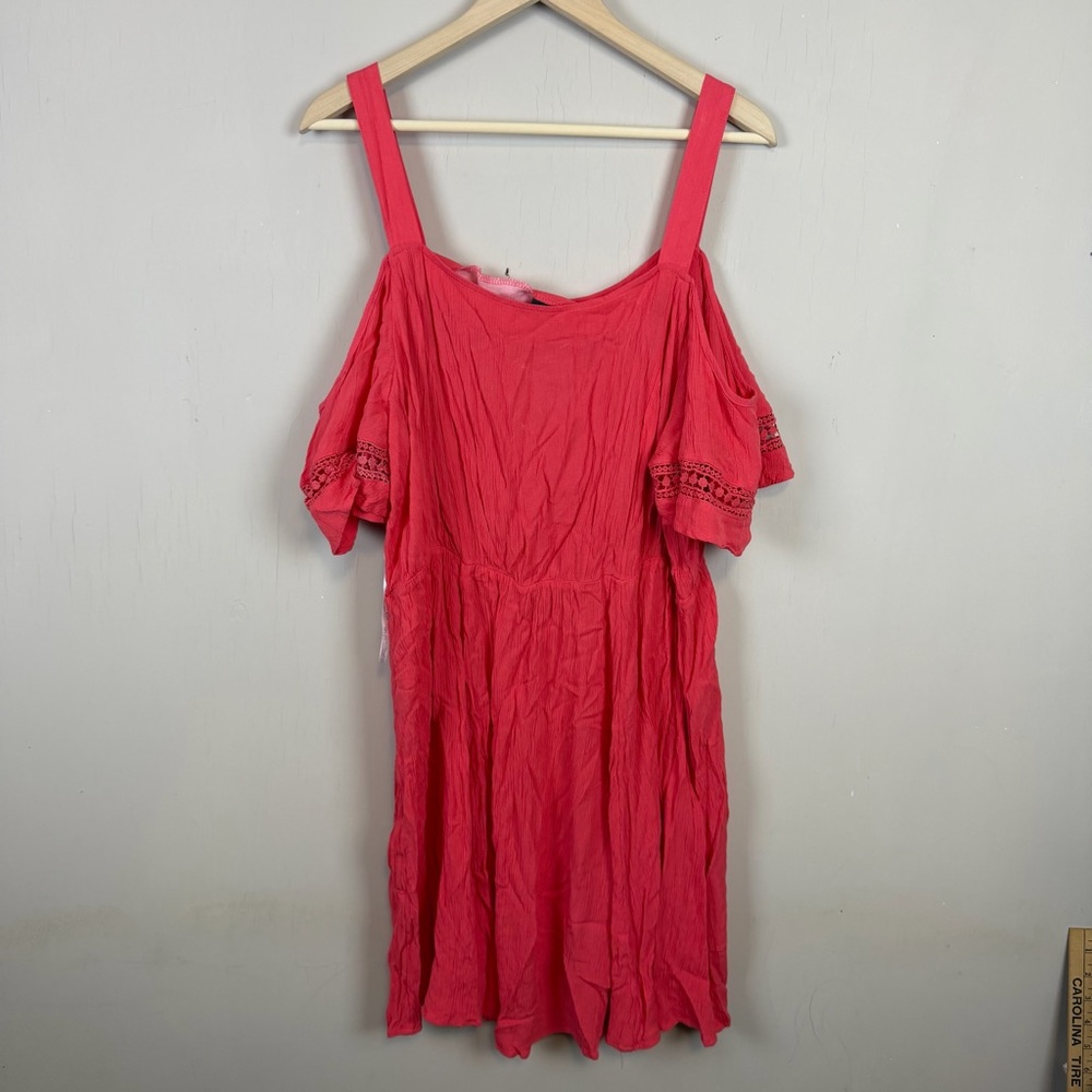 City Chic Dress 20 1X Gauze Cold Shoulder Dress Coral Plus Size Stretchy Short